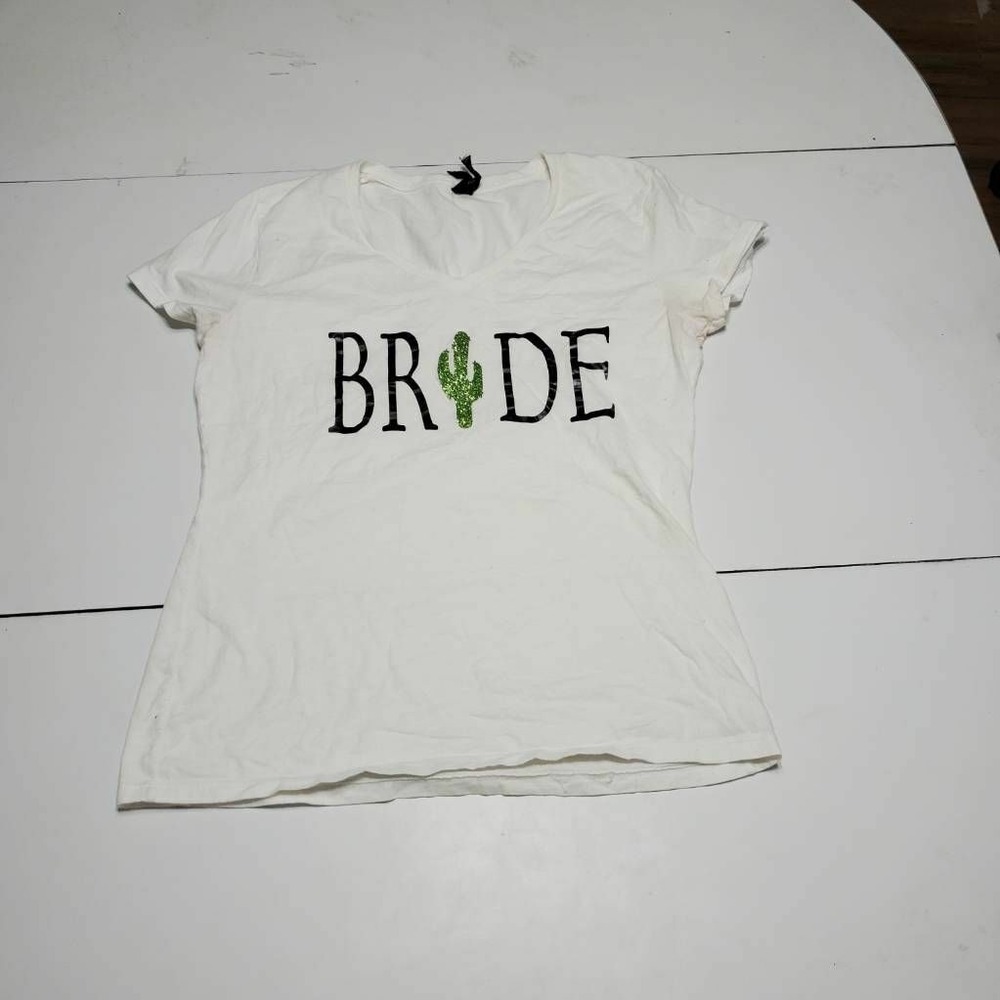 Bride Hanes Womens T-Shirt White Black Sparkly Cactus Short Sleeve V Neck